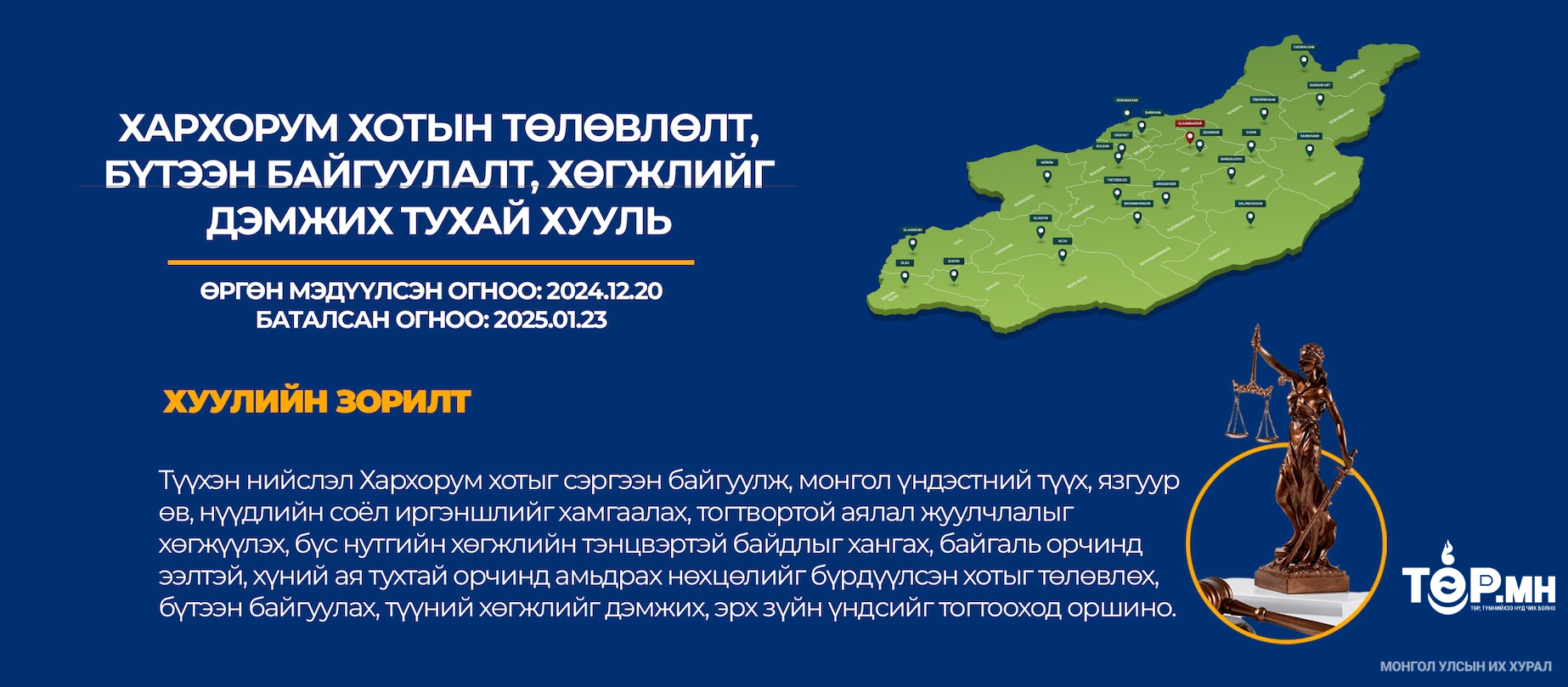 Хархорум нь ухаалаг төлөвлөлттэй, улсын зэрэглэлтэй хот байх эрх зүйн үндсийг тогтоов